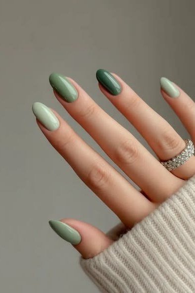 Long Sage Almond Nails for women over 50 - olive green nail idea 2