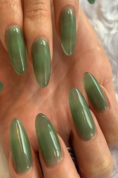 Translucent Olive Jelly Almond Nails for women over 50 - olive green nail idea 3