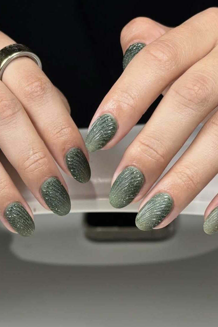 Textured Sage Short Nails for women over 50 - olive green nail idea 5