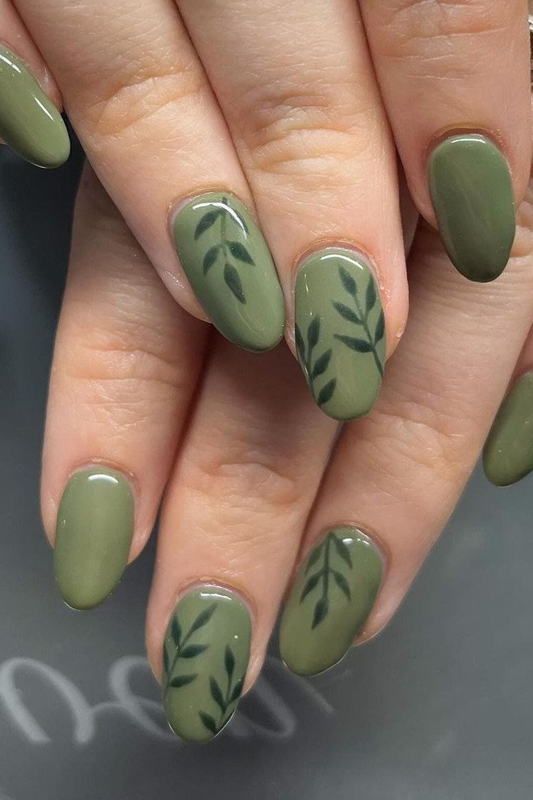 Olive Nails with Leaf Art for women over 50 - olive green nail idea 52