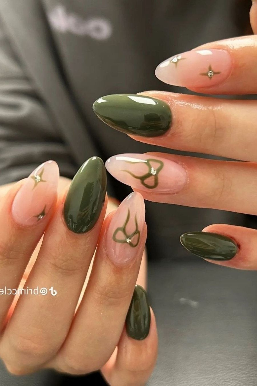 Olive Nails with Gold Stars and Bows for women over 50 - olive green nail idea 12