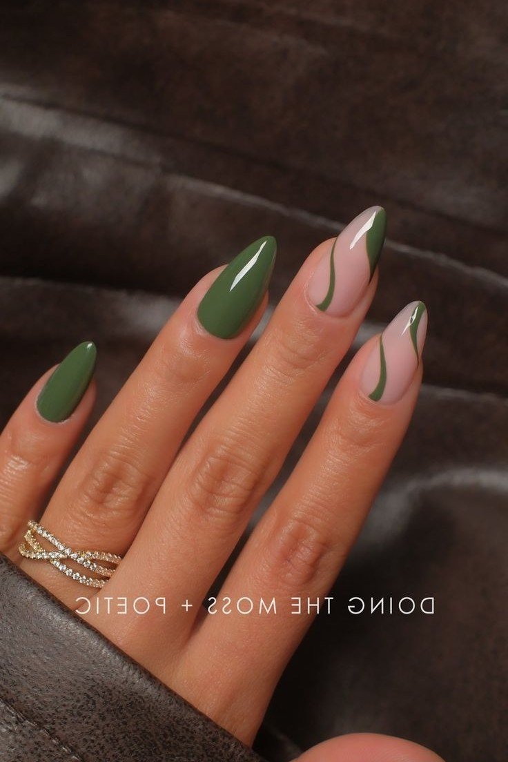 Olive Nails with White Swirl Line Art for women over 50 - olive green nail idea 53