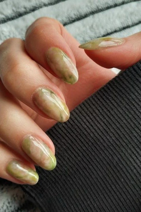 Olive and Gold Marble Stiletto Nails for women over 50 - olive green nail idea 24