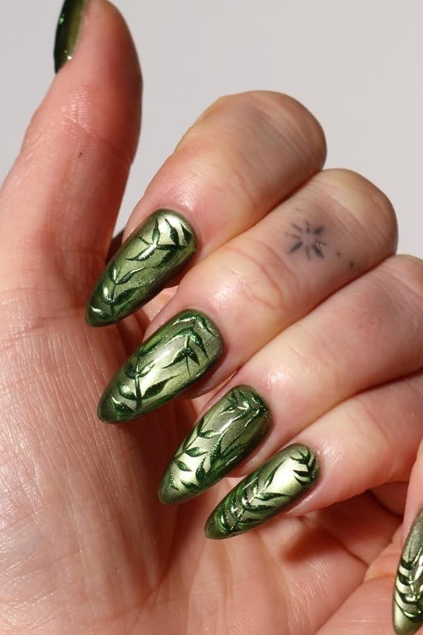 Olive Nails with Gold Leaf Art for women over 50 - olive green nail idea 13