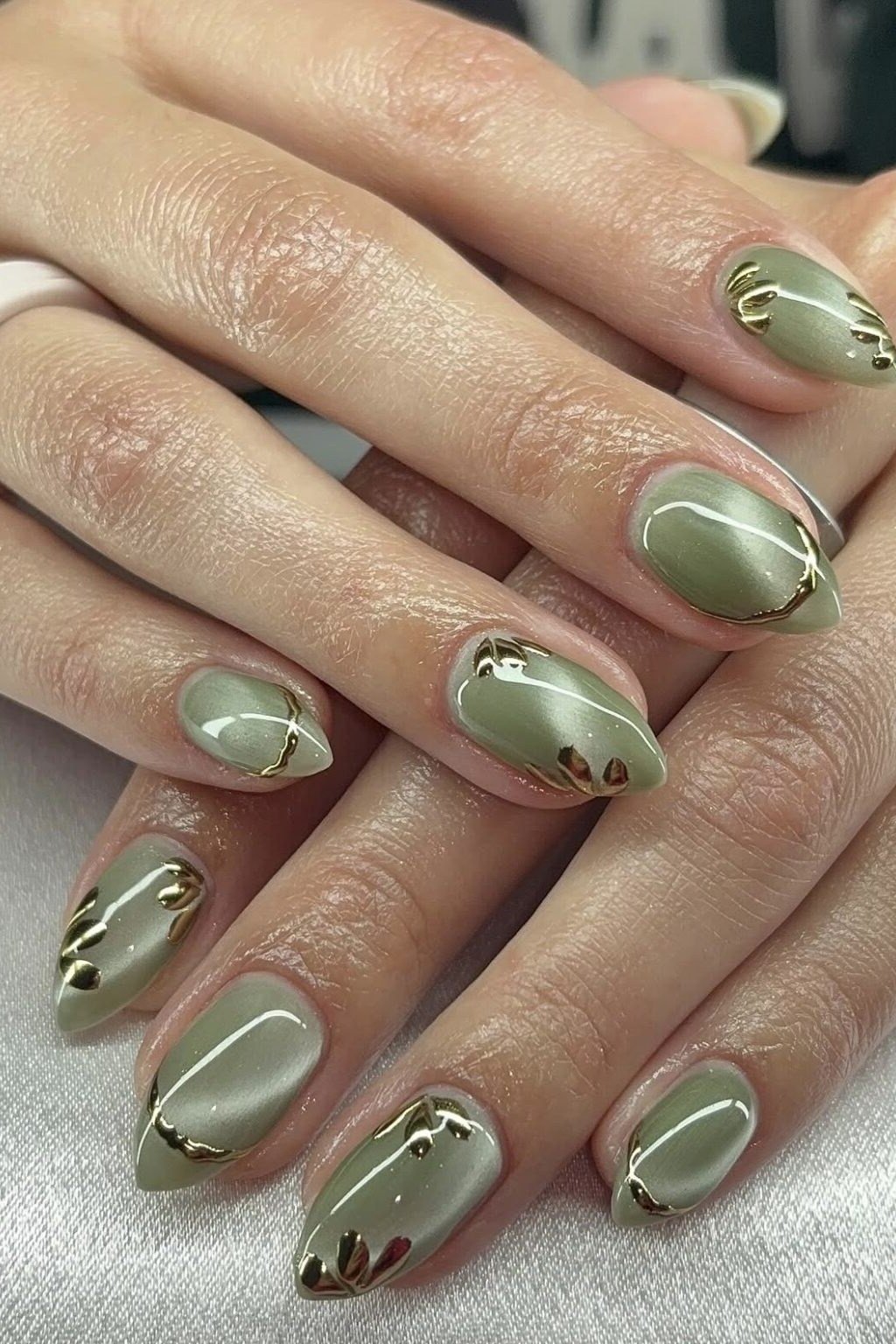 Sage Nails with Gold Foil Tips for women over 50 - olive green nail idea 14
