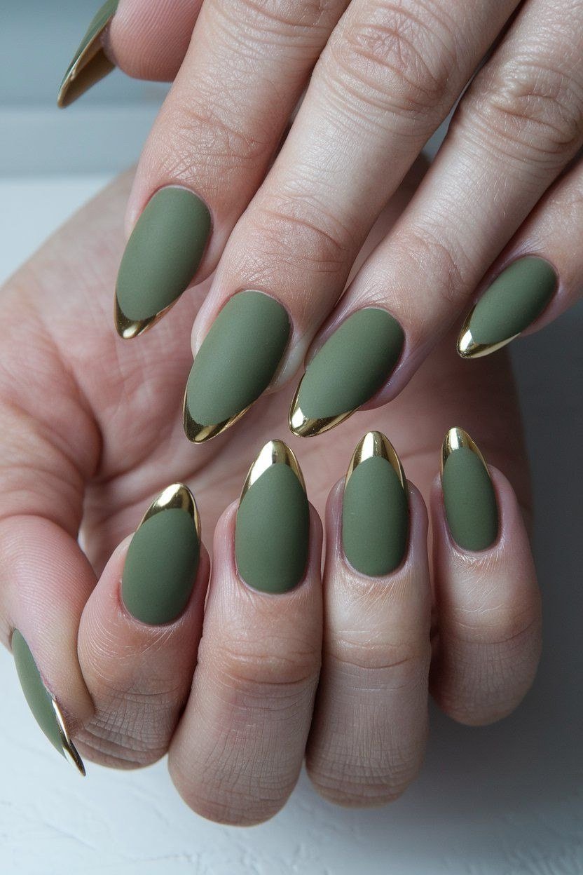 Olive Almond Nails with Gold French Tips for women over 50 - olive green nail idea 15