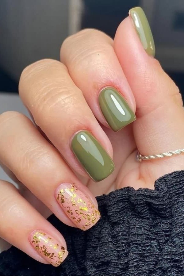 Olive Nails with Gold Glitter Accents for women over 50 - olive green nail idea 16