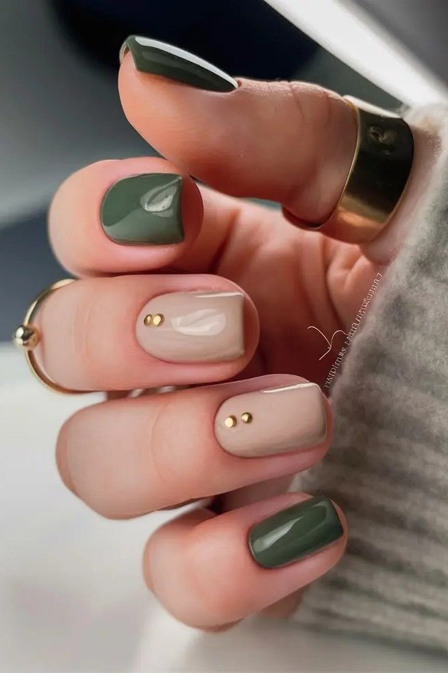 Nude and Olive Nails with Gold Studs for women over 50 - olive green nail idea 17
