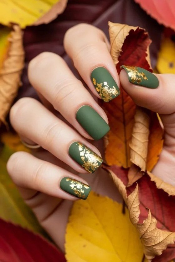 Deep Olive Nails with Gold Leaf for women over 50 - olive green nail idea 18