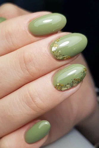 Sage Oval Nails with Gold Glitter Tips for women over 50 - olive green nail idea 19
