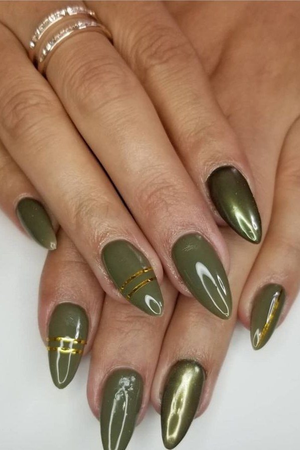 Olive Chrome Nails with Gold Art for women over 50 - olive green nail idea 25