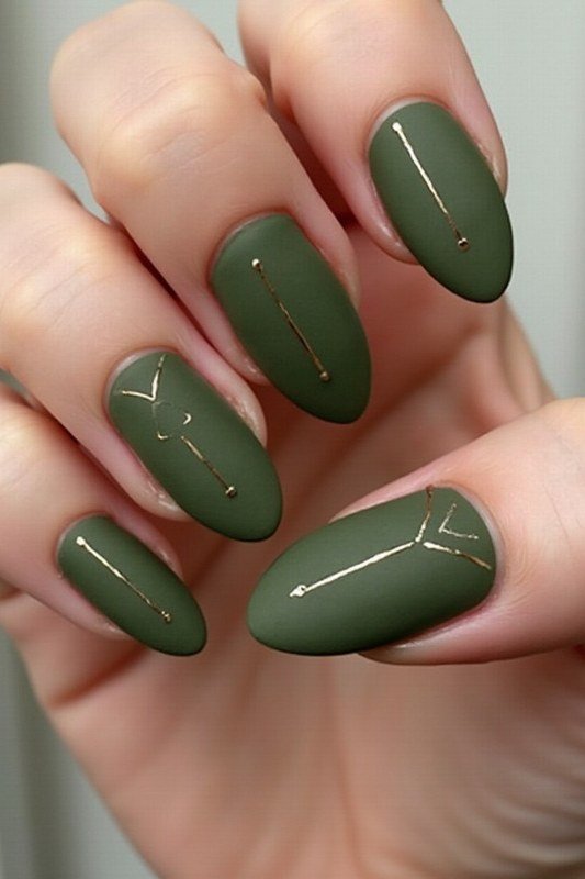 Matte Olive Nails with Geometric Line Art for women over 50 - olive green nail idea 54