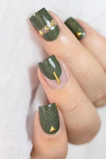 Dark Olive Nails with Gold Dot Art for women over 50 - olive green nail idea 20