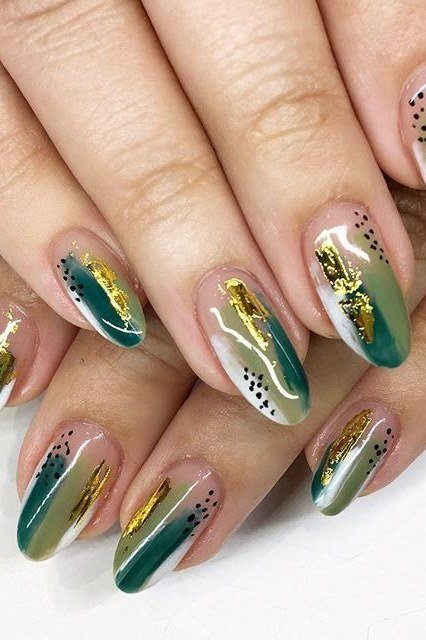 Emerald Marble Nails with Gold Foil for women over 50 - olive green nail idea 26