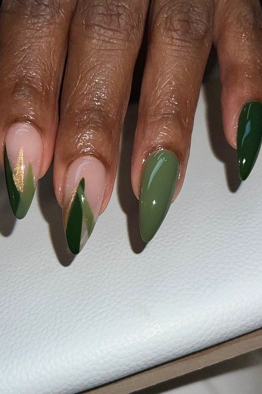 Olive Stiletto Nails with Gold Chrome Tips for women over 50 - olive green nail idea 21
