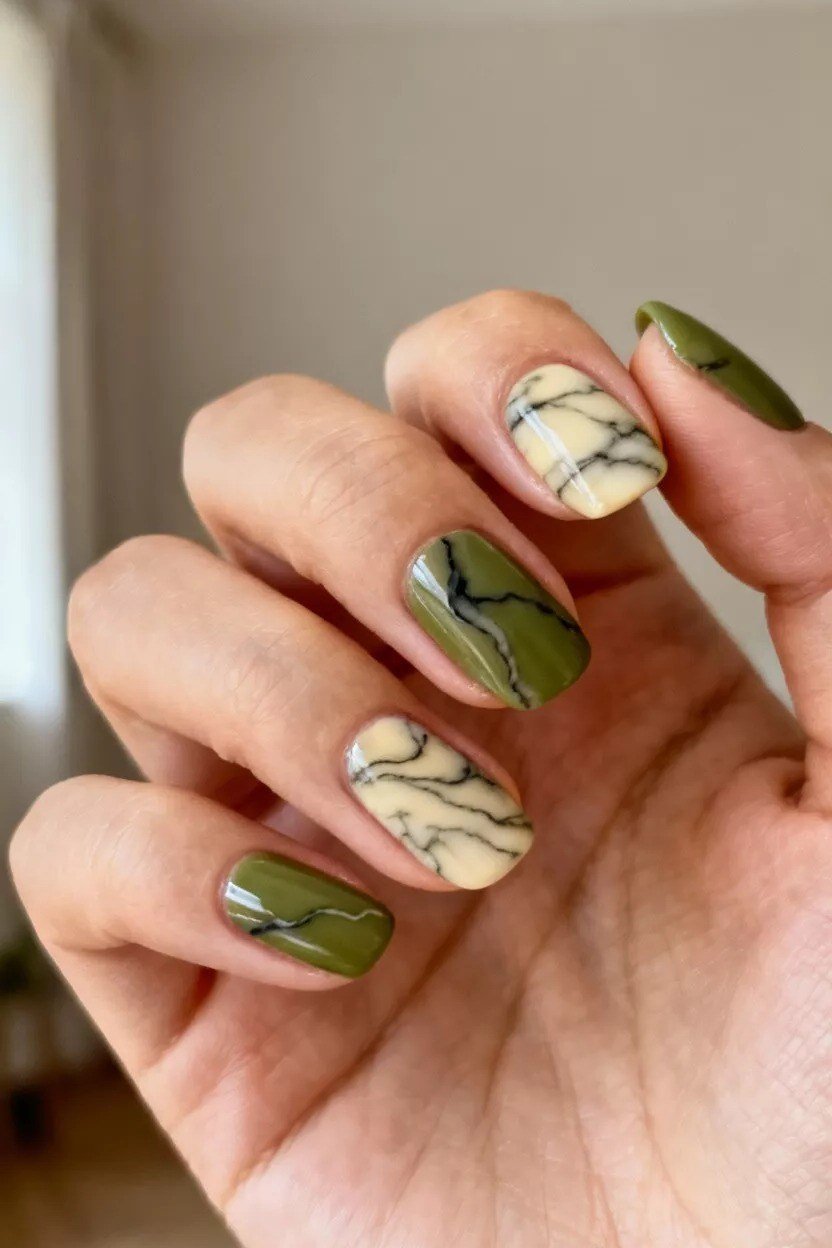 Olive Nails with Beige Leaf Art for women over 50 - olive green nail idea 55