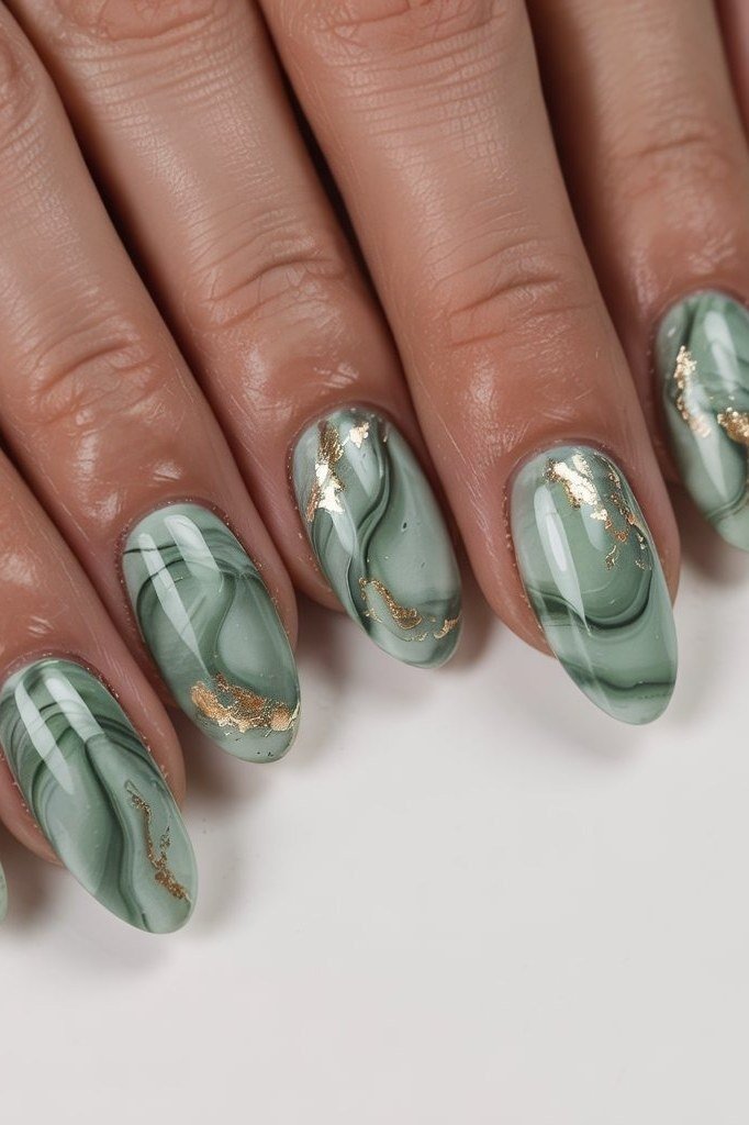 Sage Marble Nails with Gold Veins for women over 50 - olive green nail idea 29