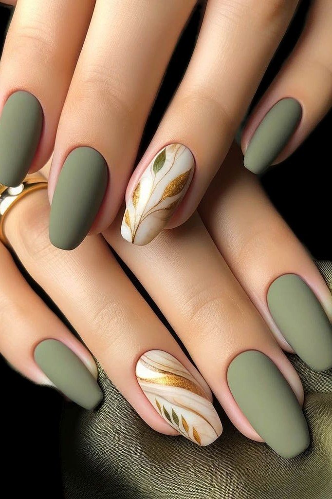 Matte Sage Nails with Marble Accents for women over 50 - olive green nail idea 30