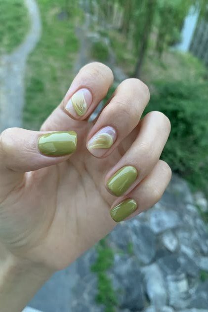 Olive Short Nails with Marble Accent for women over 50 - olive green nail idea 31