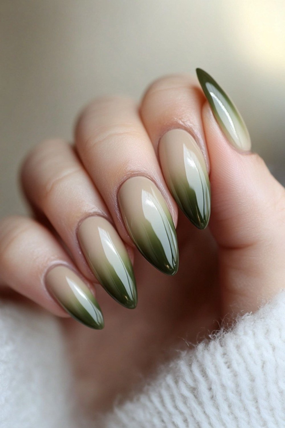 Olive Ombre Almond Nails for women over 50 - olive green nail idea 42