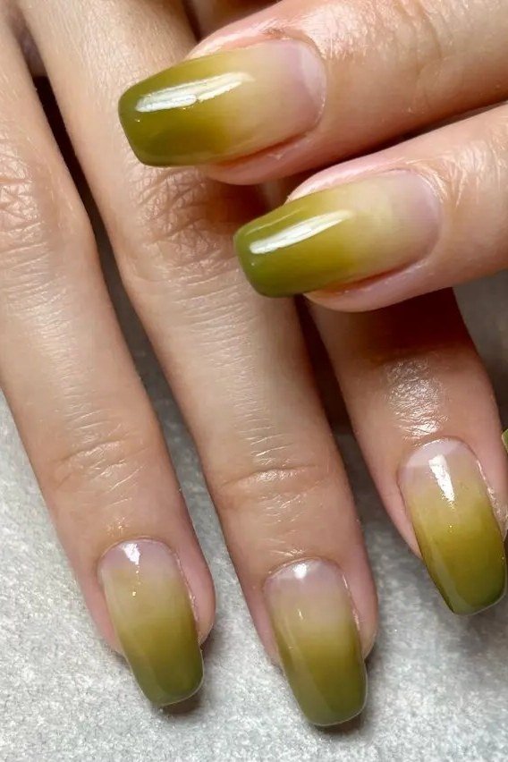 Olive and Yellow Ombre Nails for women over 50 - olive green nail idea 44
