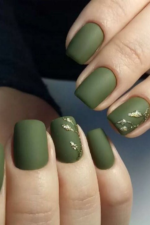 Matte Olive Square Nails with Gold Foil for women over 50 - olive green nail idea 22