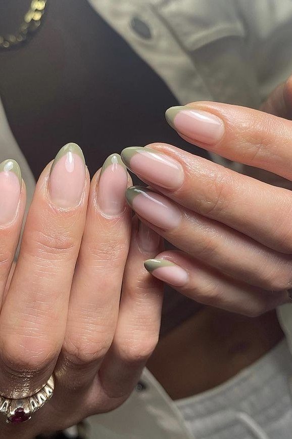 Nude Nails with Olive Tips for women over 50 - olive green nail idea 48