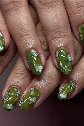 Olive Nails with Snowflake Art for women over 50 - olive green nail idea 56