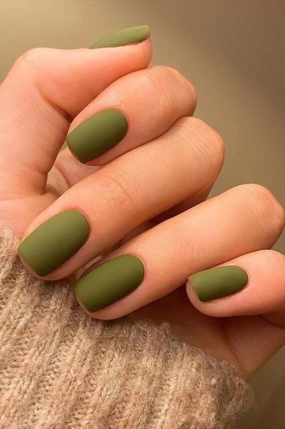 Matte Olive Short Nails for women over 50 - olive green nail idea 9