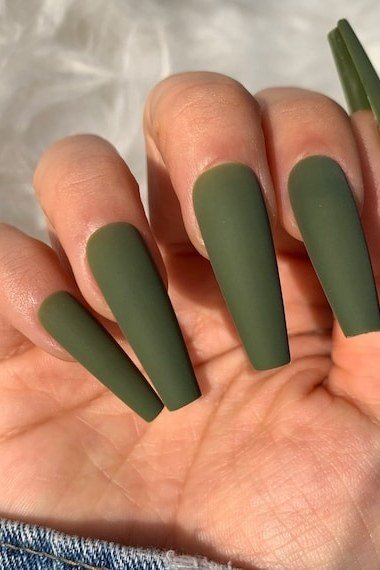 Matte Olive Coffin Nails for women over 50 - olive green nail idea 10