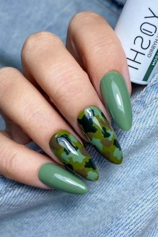 Olive Camo Marble Nails for women over 50 - olive green nail idea 57