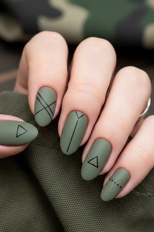 Sage Nails with Geometric Line Art for women over 50 - olive green nail idea 58