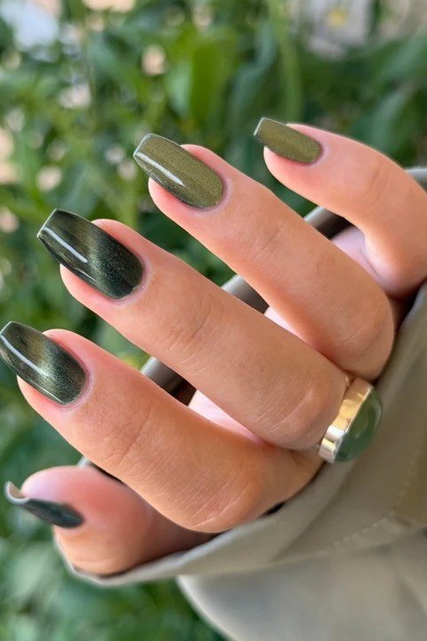 Olive Cat Eye Nails for women over 50 - olive green nail idea 33