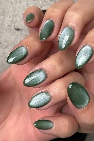 Olive and Silver Cat Eye Nails for women over 50 - olive green nail idea 34