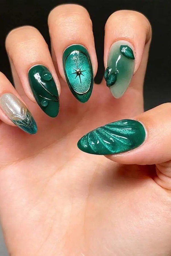 Emerald Nails with Shell and Star Art for women over 50 - olive green nail idea 59