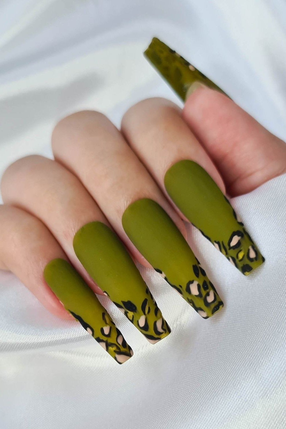 Olive Nails with Leopard Tips for women over 50 - olive green nail idea 60