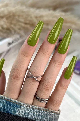 Bright Chartreuse Coffin Nails for women over 50 - olive green nail idea 11