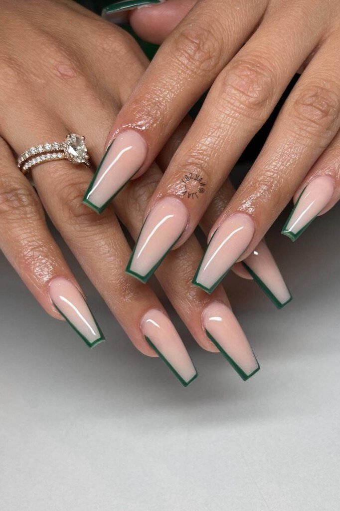 Nude Nails with Olive French Tips for women over 50 - olive green nail idea 50