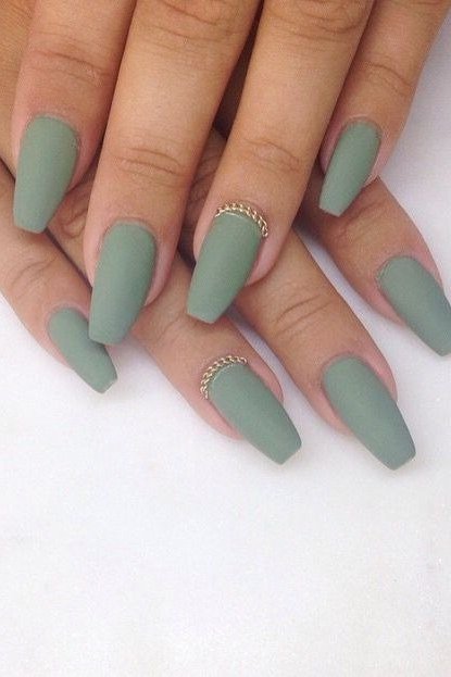 Sage Coffin Nails with Gold Cuticle Beads for women over 50 - olive green nail idea 23