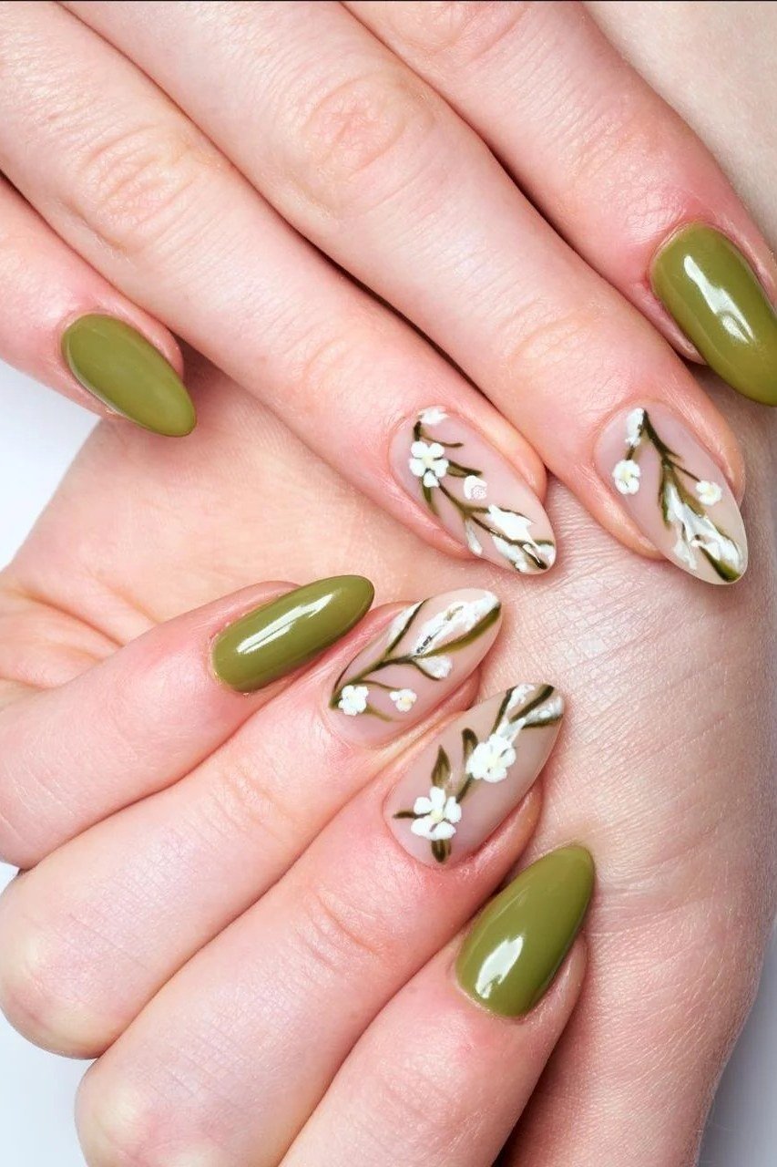 Olive Nails with White Floral Art for women over 50 - olive green nail idea 62