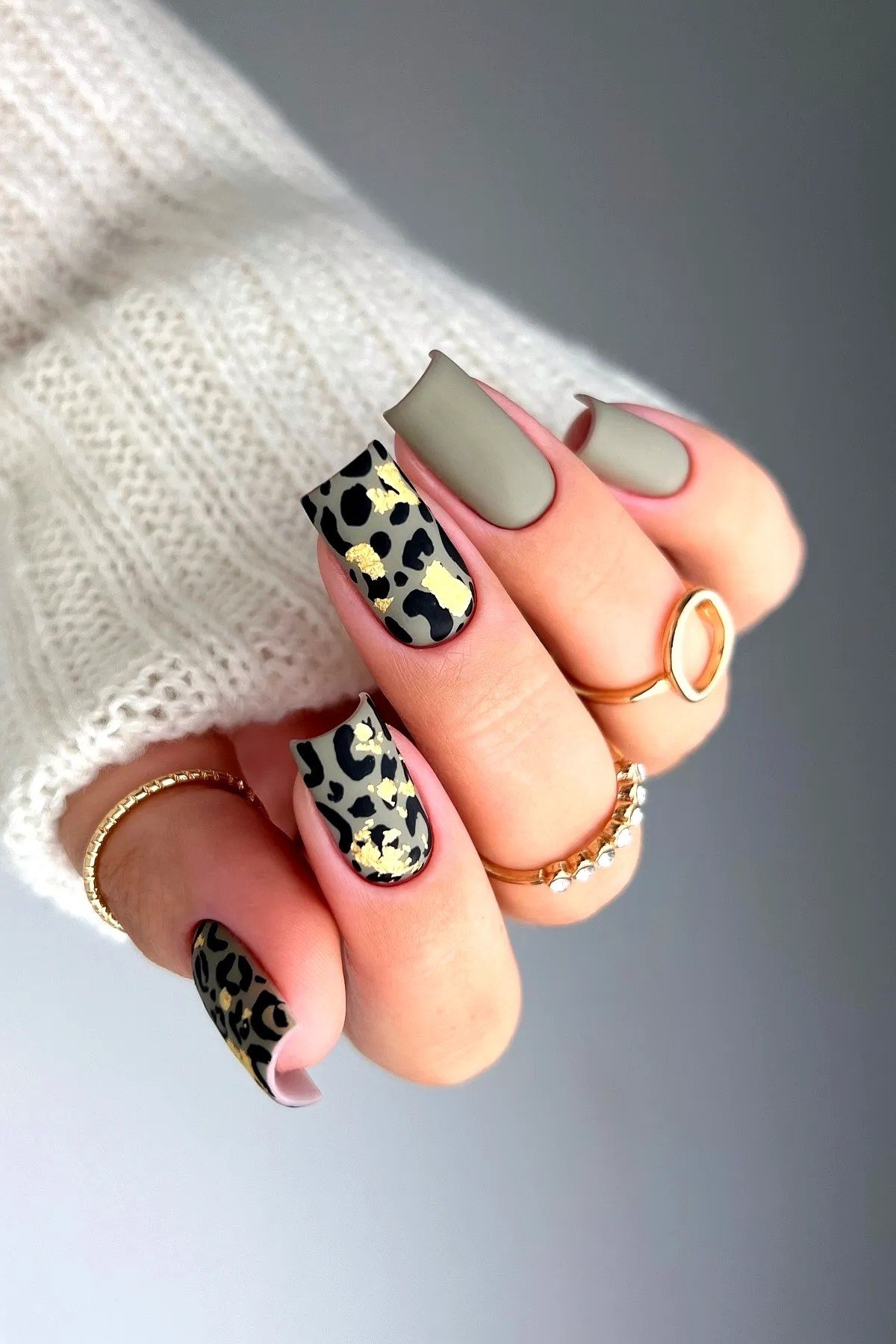 Sage Nails with Leopard Accents for women over 50 - olive green nail idea 64