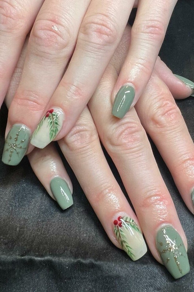 Sage Nails with Christmas Art for women over 50 - olive green nail idea 66