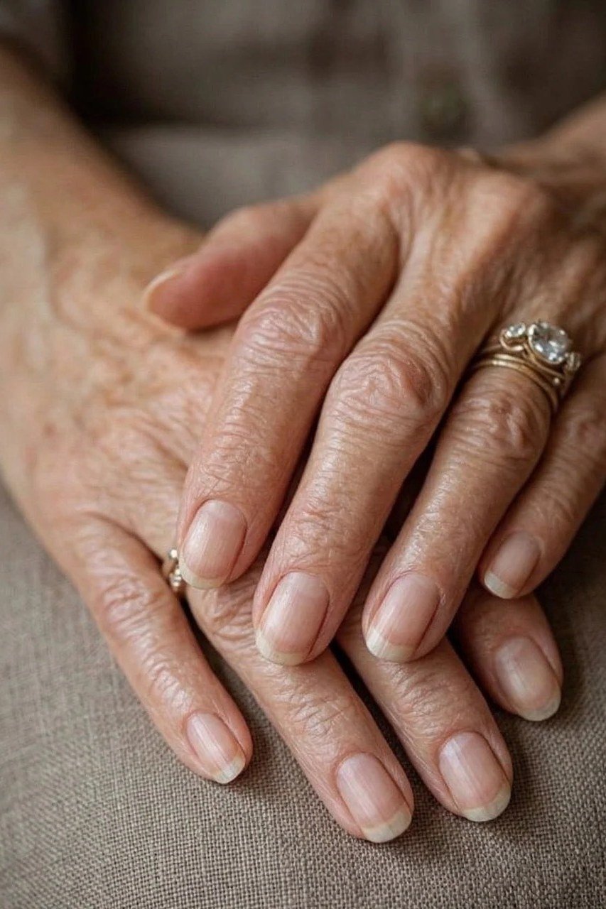 Natural nails on mature hands stacked with rings - simple natural nail idea for women over 60