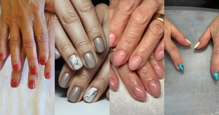 collage of four gel nail looks on mature hands: cherry red short nails, taupe nails with white marble accents, blush pink glossy nails, and pale yellow nails with teal accent nails