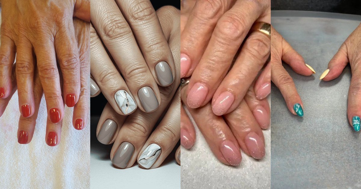 collage of four gel nail looks on mature hands: cherry red short nails, taupe nails with white marble accents, blush pink glossy nails, and pale yellow nails with teal accent nails