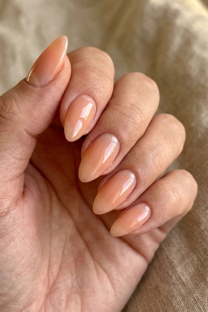 Soft caramel almond nails in a relaxed hand pose - caramel nude nail idea for women over 50