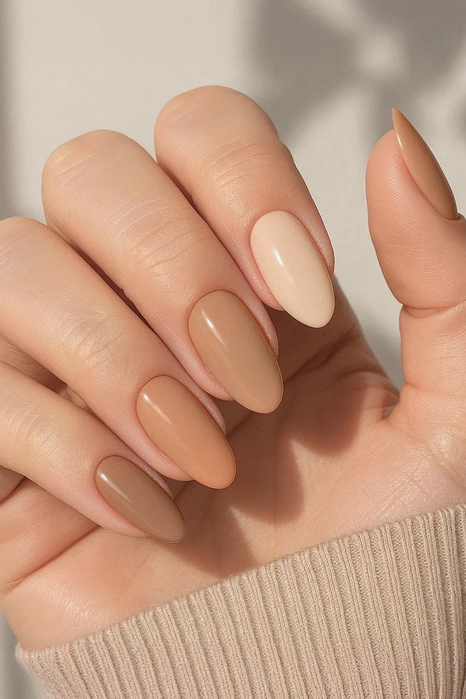 Caramel ombre almond nails fading to nude tips - caramel nude nail idea for women over 50