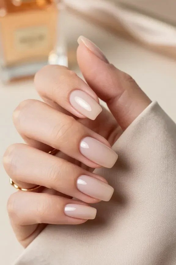 Classic beige nude almond nails with salon finish - caramel nude nail idea for women over 50