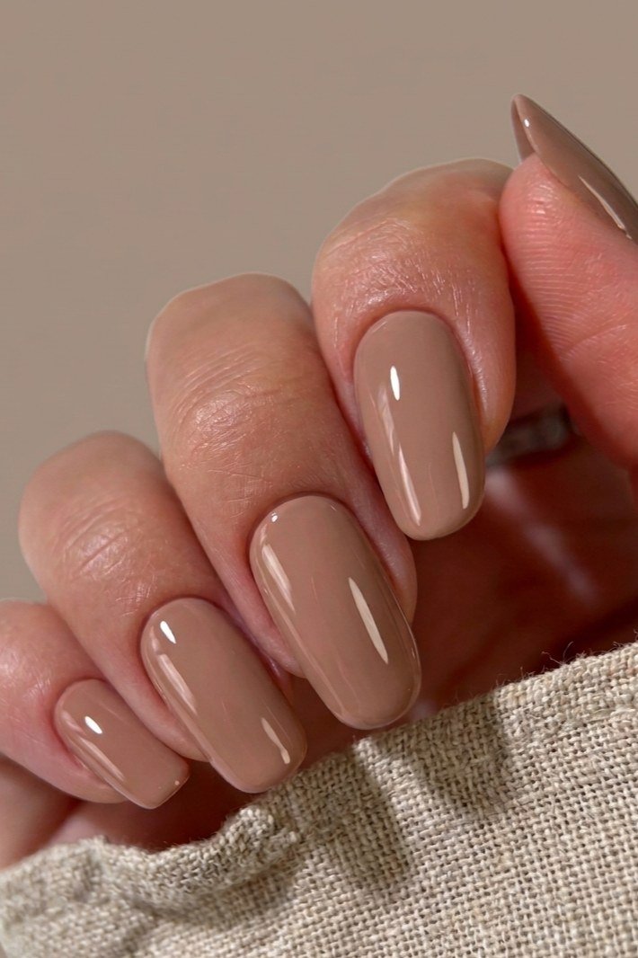 Soft matte taupe caramel almond nails - caramel nude nail idea for women over 50