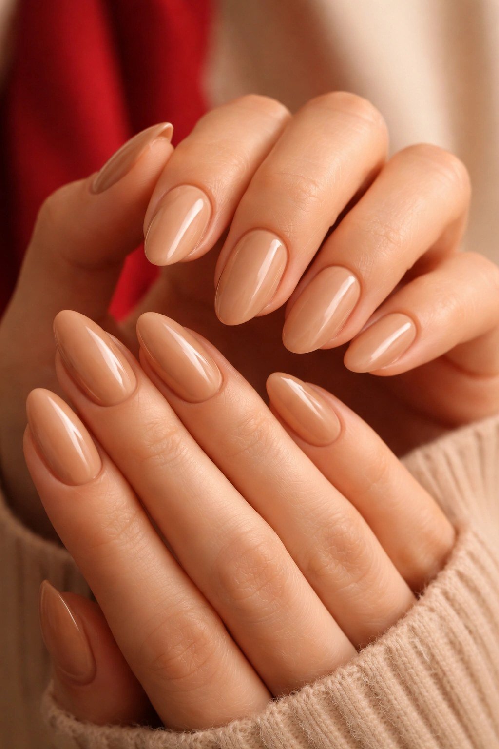 Toffee caramel almond nails with a beige knit - caramel nude nail idea for women over 50